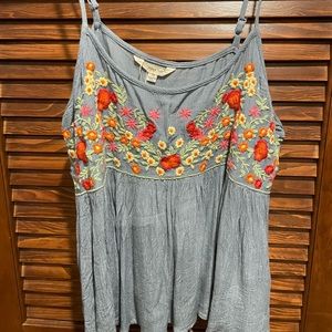 Worn once blue tank top with floral